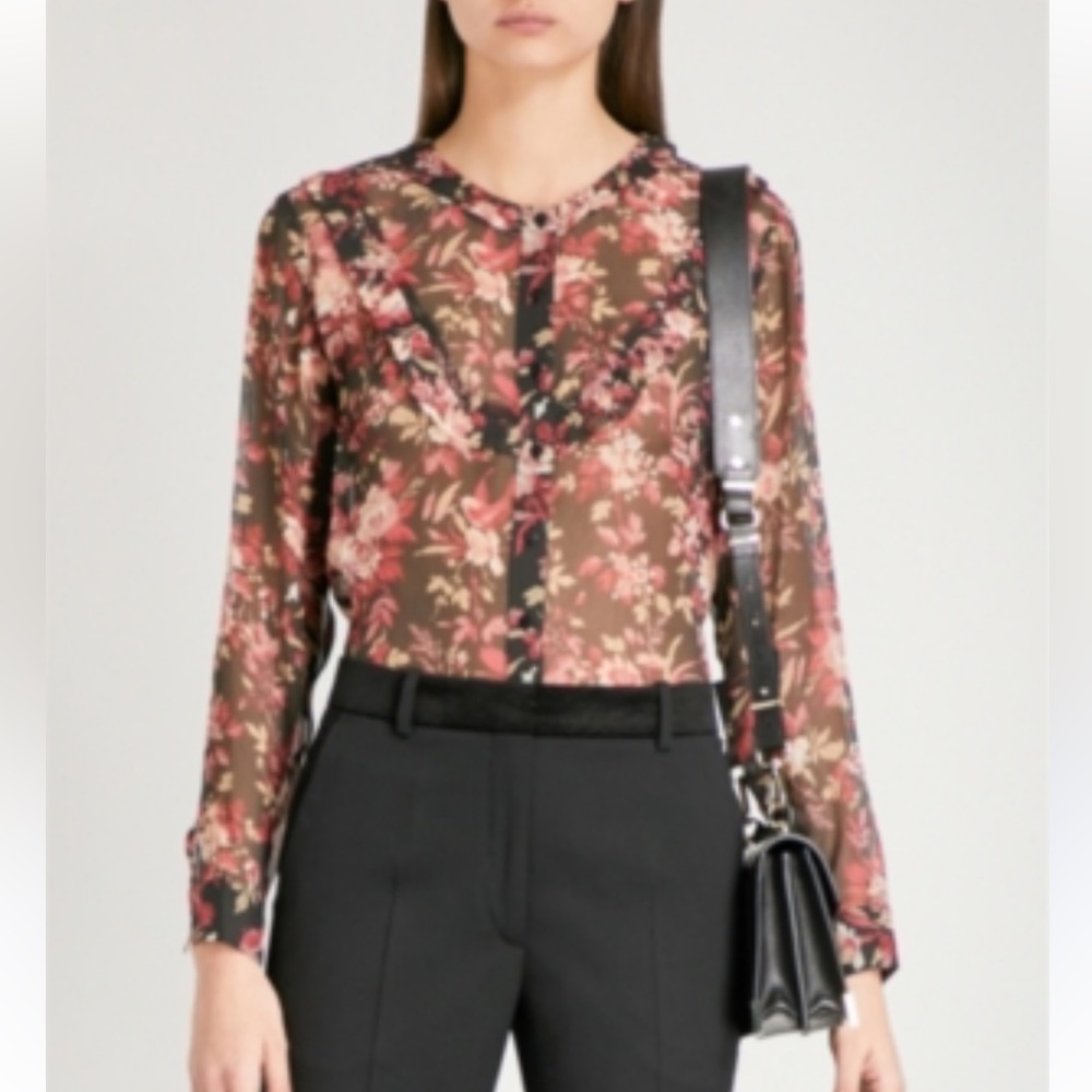 The Kooples 100% Silk Sheer Ruffle Button Front Long Sleeve Blouse Top Small